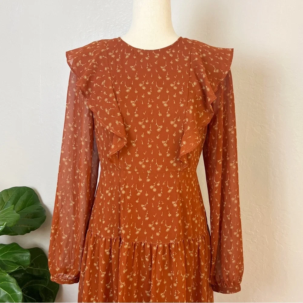 •MOUSSY• Long Sleeve Ruffle Maxi Dress in Sienna Floral Print Size Small - Picture 2 of 12